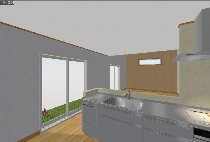 Rendering (introspection). Without isolating the kitchen, In bright space with a terrace window. Dining from the kitchen side ・ It overlooks the living room, Hand of the kitchen from the living room side takes care to be not visible.