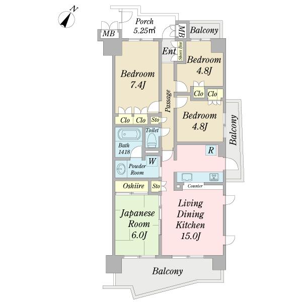 Floor plan. 4LDK, Price 19,800,000 yen, Footprint 83.2 sq m , Balcony area 18.24 sq m three-way angle room! Balcony three sides!
