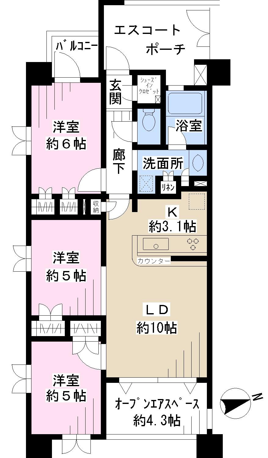 Floor plan. 3LDK, Price 27,700,000 yen, Occupied area 63.86 sq m , Day there is a window on the south side good on the balcony area 9.27 sq m 3 one of the Western-style!