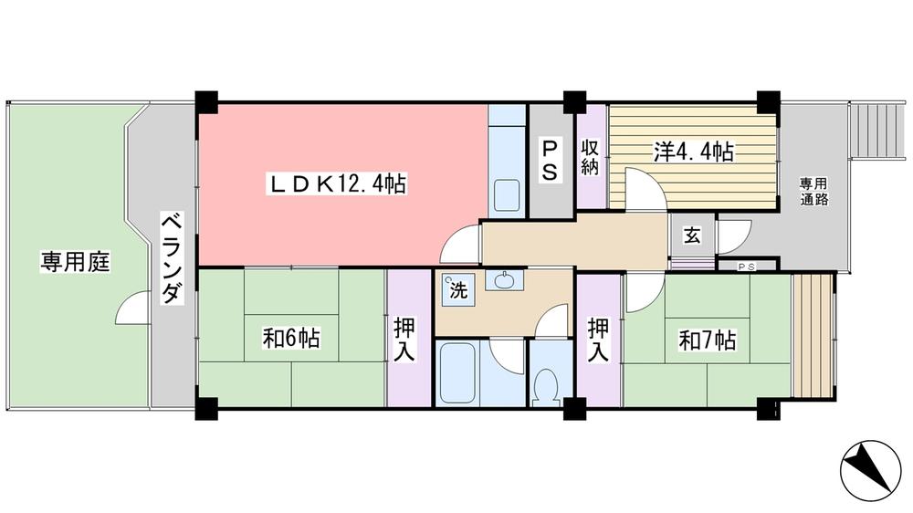 Floor plan. 3LDK, Price 8.8 million yen, Occupied area 67.35 sq m , Balcony area 7.14 sq m private garden with