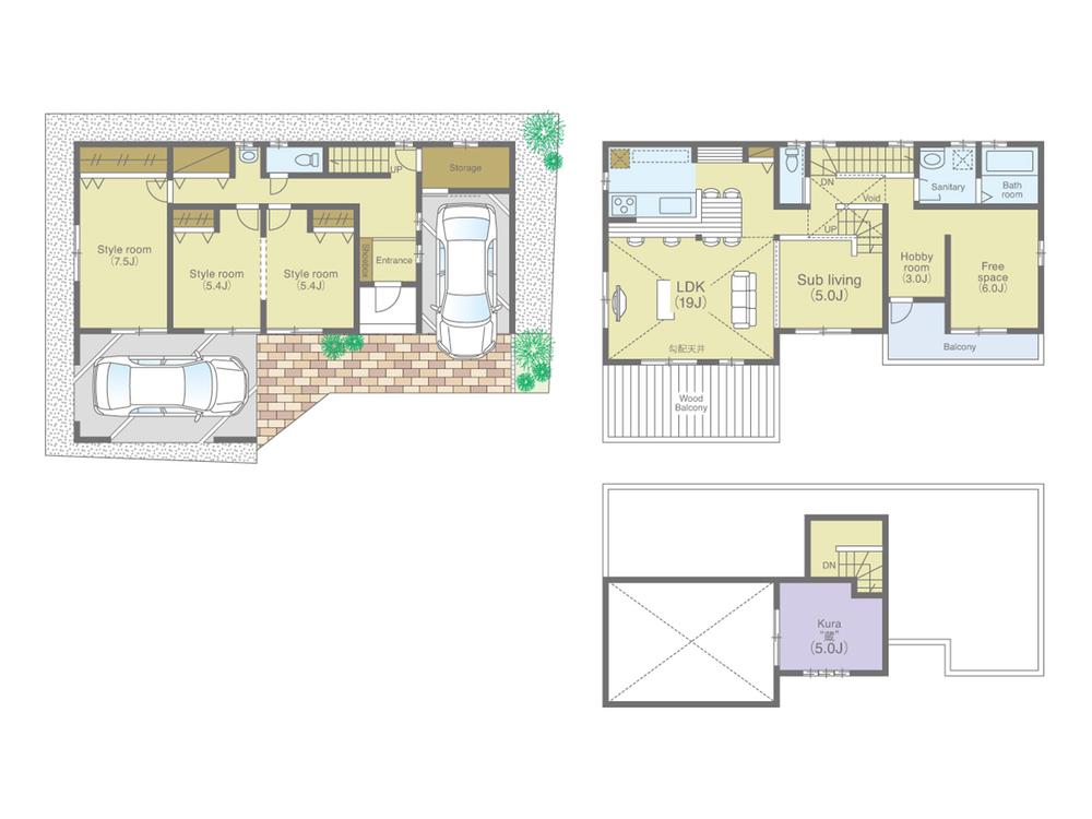Floor plan. 53,800,000 yen, 4LDK + 3S (storeroom), Land area 129.51 sq m , Building area 139.52 sq m Zenshitsuminami facing floor area of ​​about 38 square meters plan !! Car space two Allowed ・ Gradient ceiling, LDK space was space production in the split-level home is a 24-quires more than space.