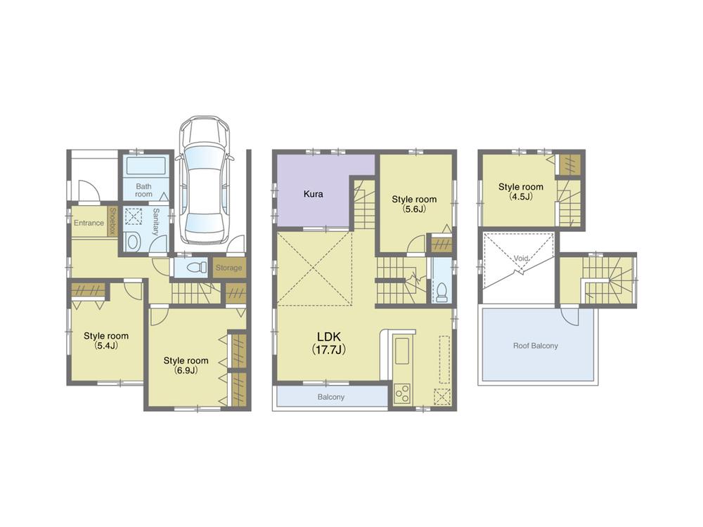 Floor plan. 39,800,000 yen, 4LDK + S (storeroom), Land area 89.26 sq m , Building area 111.37 sq m, warehouse, storage ・ Skip floor ・ Atrium Please in experience a certain sense of openness living. Also a must view from the Sky balcony !!