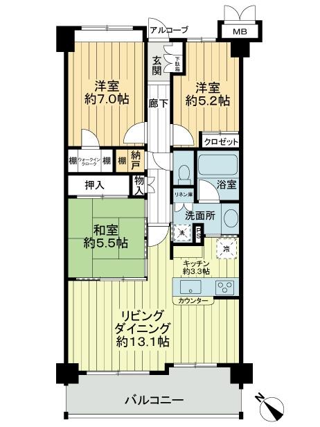 Floor plan. 3LDK, Price 34 million yen, Occupied area 77.24 sq m , Balcony area 11.72 sq m