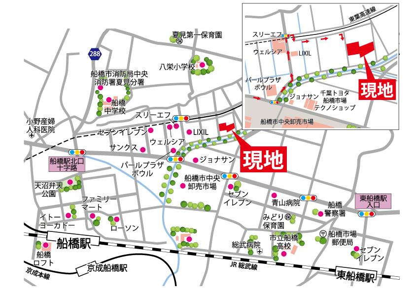 Local guide map. From the local through the green roads of Ebi flat approach to Funabashi Station. It is a good way of feeling.
