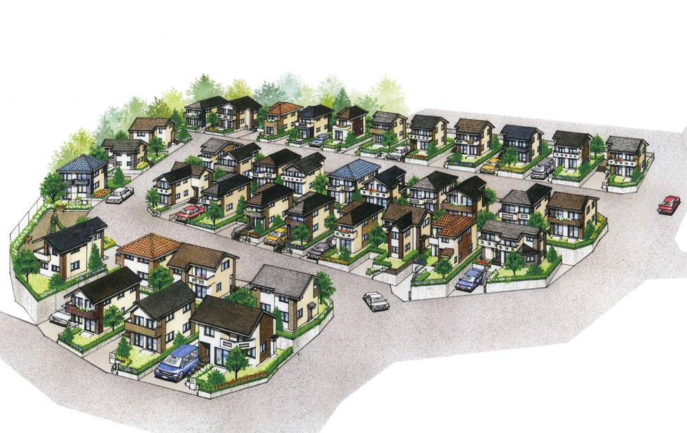 Rendering (appearance). All 39 buildings Large newly built subdivision.  One after another is under construction.