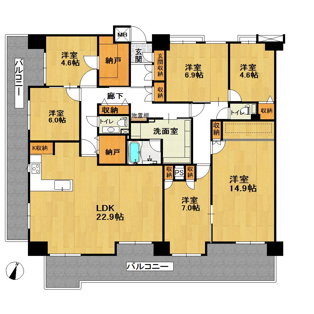 Floor plan. 6LDK + 2S (storeroom), Price 38 million yen, Footprint 156.76 sq m , Breadth of the two-family living together in the balcony area 39.65 sq m 6LDK