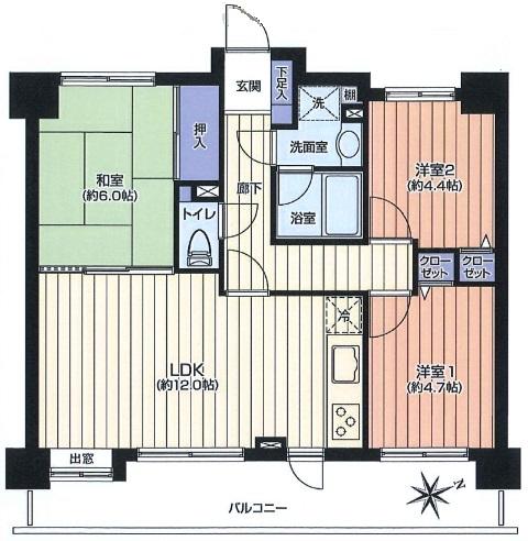 Floor plan. 3LDK, Price 23.4 million yen, Footprint 60.2 sq m , Balcony area 12.61 sq m