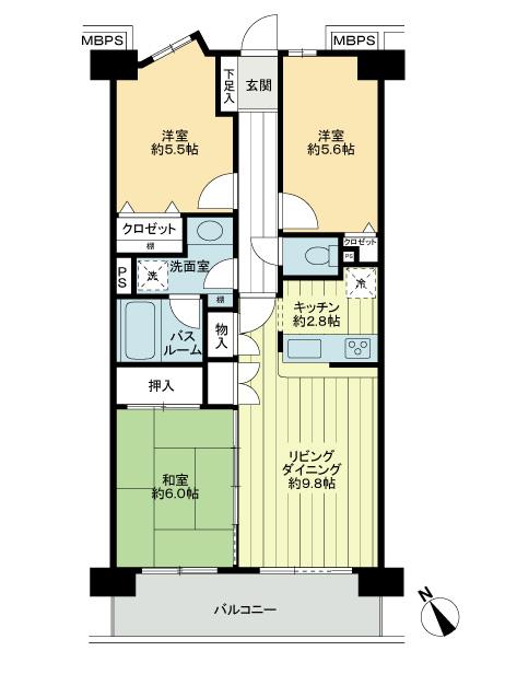 Floor plan. 3LDK, Price 32,800,000 yen, Occupied area 67.77 sq m , Balcony area 9.14 sq m