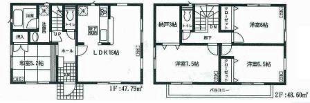 Floor plan. Price 34,800,000 yen, 4LDK+S, Land area 136.53 sq m , Building area 96.39 sq m