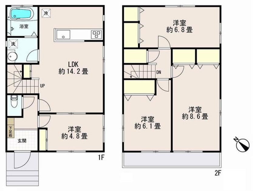 Floor plan. 23.8 million yen, 4LDK, Land area 104.3 sq m , Building area 94.4 sq m All rooms are Western-style specification storage space is also rich (yellow part), Living-in stairs specification 4LDK Floor.