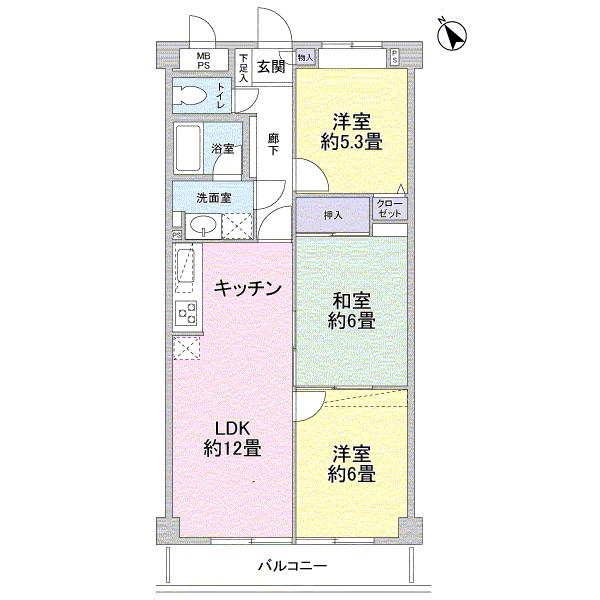 Floor plan. 3LDK, Price 13.8 million yen, Occupied area 65.54 sq m , Balcony area 6.21 sq m Floor