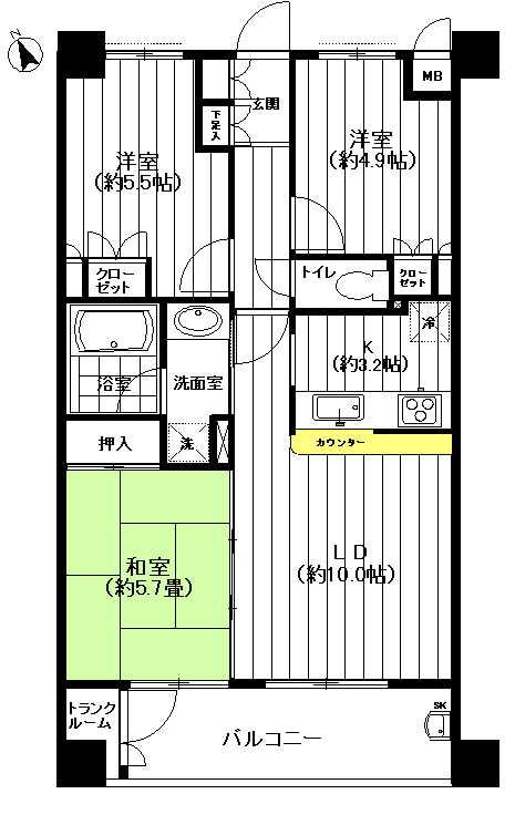 Floor plan. 3LDK, Price 22,800,000 yen, Occupied area 64.02 sq m , Balcony area 7.95 sq m