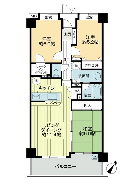 Floor plan. 3LDK, Price 15.8 million yen, Occupied area 72.44 sq m , Balcony area 11.56 sq m