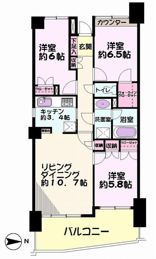 Floor plan. 3LDK, Price 16.7 million yen, Footprint 72.4 sq m , Balcony area 11.05 sq m
