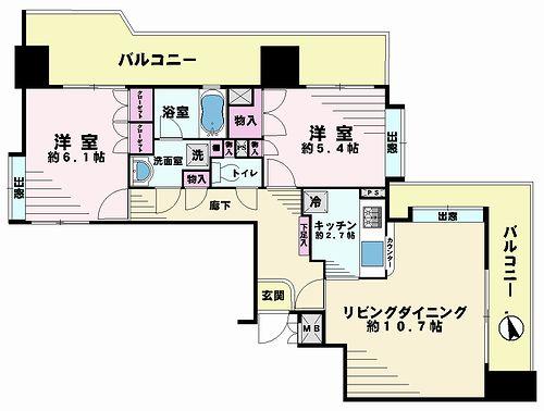 Floor plan. 2LDK, Price 25,900,000 yen, Occupied area 60.08 sq m , Balcony area 25.44 sq m