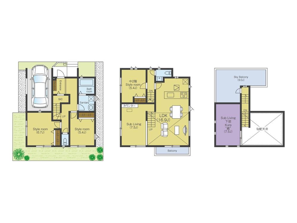 Floor plan. 39,800,000 yen, 4LDK + S (storeroom), Land area 96.26 sq m , Building area 115.09 sq m Sky balcony Built-in garage designer House !!