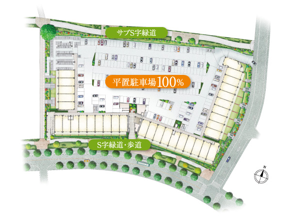 Shared facilities.  [Location, surrounded on all four sides on the road] Site that feeling of opening is on the south side about 8m (pedestrian) green road + of about 16m road, Pedestrian on the north side about 8m ・ It has become a bicycle-only road. (Site layout)