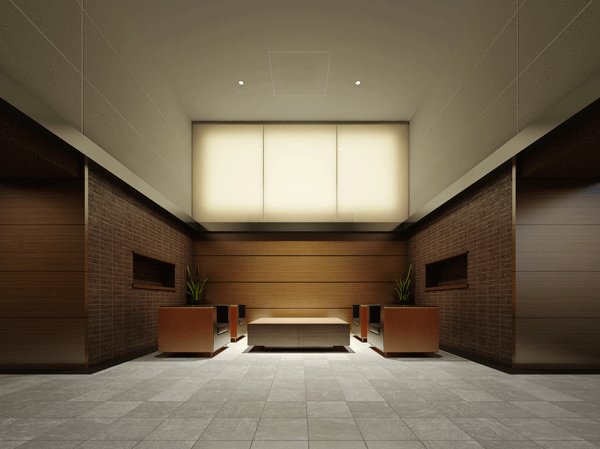 Shared facilities.  [Entrance Hall Rendering CG] Entrance Hall of the two-layer blow is, Nestled an upper layer in the color tone of white, More it produces a feeling of freedom of the atrium. A is the lower layer is live person eyes of, The same brick as the low-rise portion of the appearance, This design can feel the home of calm.