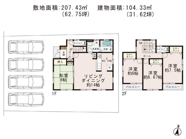 Floor plan. 34,500,000 yen, 4LDK, Land area 207.43 sq m , Building area 104.33 sq m