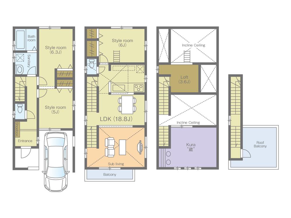 Floor plan. 32,800,000 yen, 3LDK + 2S (storeroom), Land area 82.65 sq m , Building area 100.19 sq m built-in garage ・ Sky balcony skip floor living is 18.8 Pledge ・ Warehouse storage of gradient ceiling !! about 7 Pledge ・ With loft