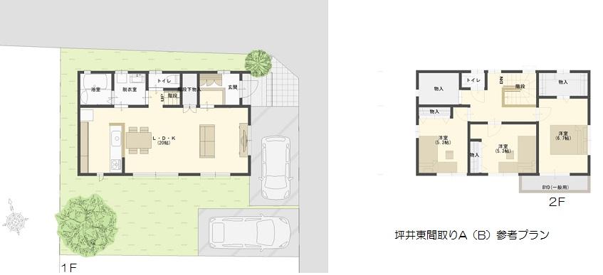 Compartment view + building plan example. Building plan example (A) 4LDK, Land price 24 million yen, Land area 136.03 sq m , Building price 15.1 million yen, Building area 98.57 sq m