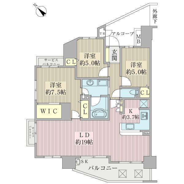 Floor plan. 3LDK, Price 24,800,000 yen, Occupied area 85.39 sq m , Balcony area 9.51 sq m