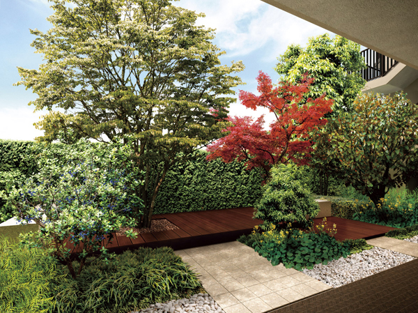Features of the building.  [Private garden to symbolize the warmth of the house] By placing in the center of the house, Courtyard with live people is aimed at any time place to feel the green of warmth. Green volume and natural materials, It brings peace and relaxation in the living. (Private garden Rendering CG)