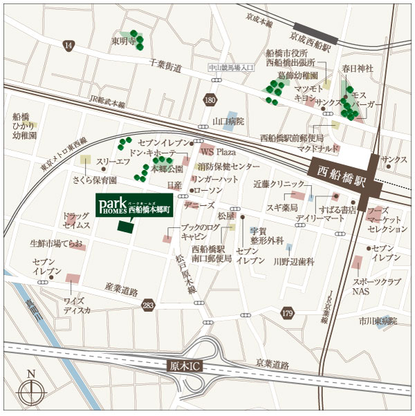 Surrounding environment. 5 routes ( ※ Mastering 1), Terminal "Funabashi" 11 minutes' walk from the station leading to the city center and the smooth. While day-to-day convenience is also equipped with familiar, First-class residential area of ​​spread is a quiet residential area, such as forget about the hustle and bustle of the city center and the station, It is born in Funabashi City Hongo-cho <Park Holmes Funabashi Hongo-cho,> (local guide map)
