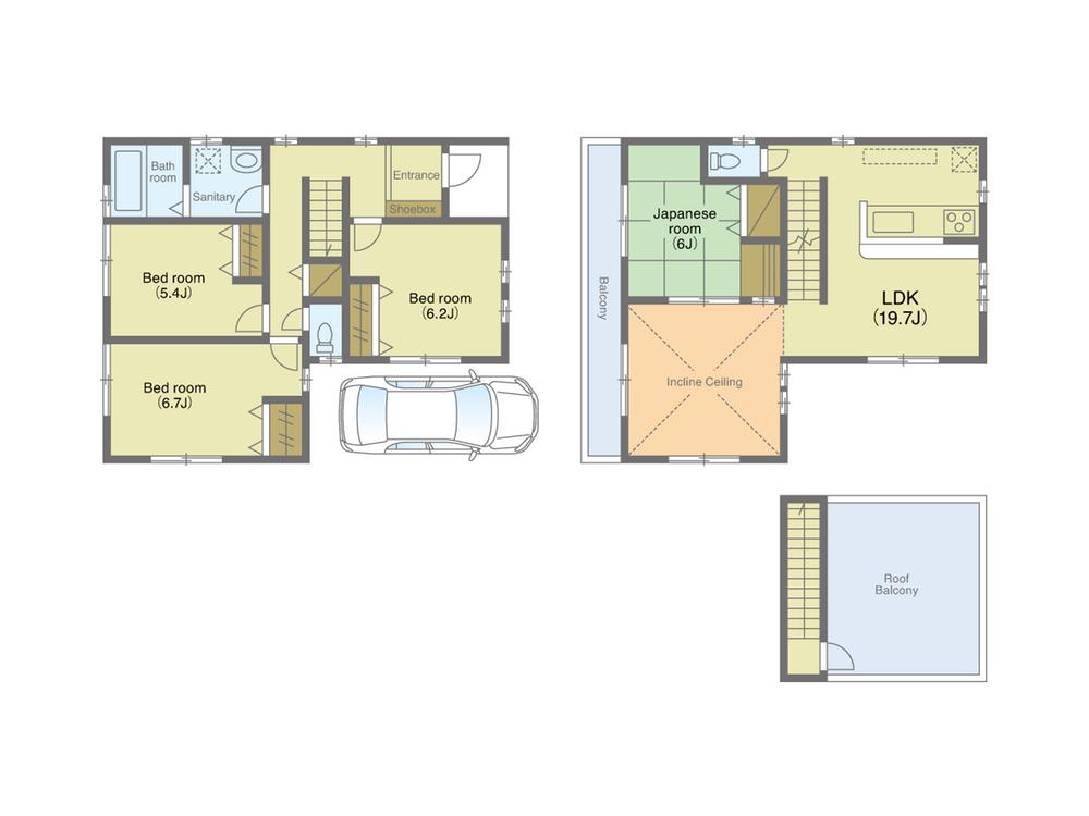 Floor plan. 33,800,000 yen, 4LDK, Land area 109.46 sq m , Building area 106.4 sq m LDK19.7 Pledge ・ Gradient ceiling !! produce a further feeling of opening a large space !! wide balcony in the Japanese-style room of Tsuzukiai !!