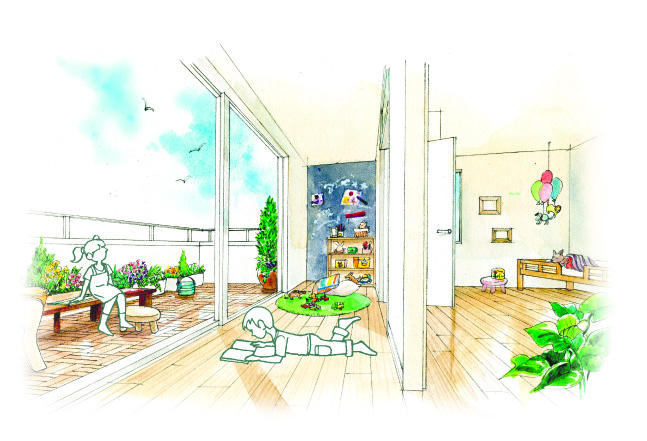 Rendering (introspection). Plan in which a child of the room on the third floor. Adopt a family library also able take advantage of as a family all of the library right next to. It is bright and airy space, which also leads to the Sky balcony. (67-19 Building) Rendering