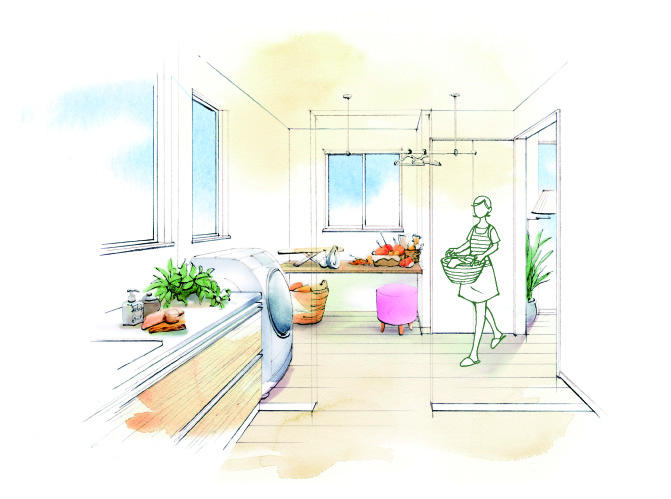 Rendering (introspection). Washing machine Storage, Also available was adopted "laundry corner" with a storage space plan. In addition to the smooth housework flow line, You can also take advantage of the room dry space on a rainy day. (67-19 Building) Rendering
