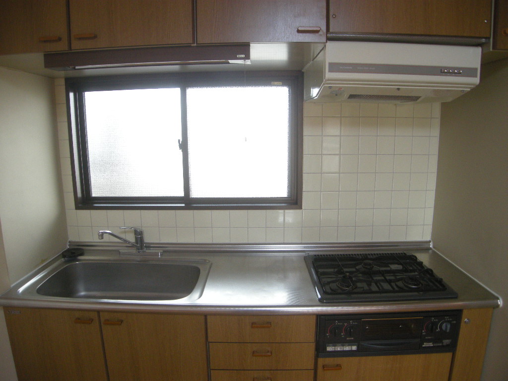 Kitchen. Faucets single lever, Stove is a three-necked.