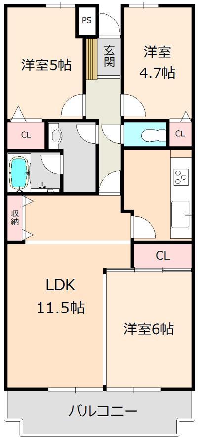 Floor plan. 3LDK, Price 16.8 million yen, Occupied area 73.67 sq m , Balcony area 7.87 sq m of a large living dining 3LDK