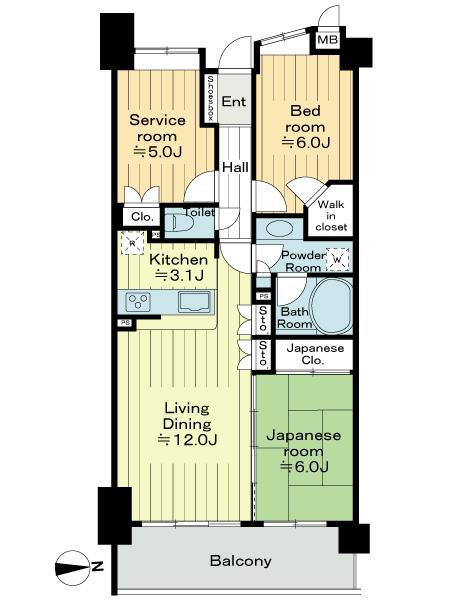 Floor plan. 2LDK + S (storeroom), Price 21.9 million yen, Occupied area 69.87 sq m , Balcony area 10.8 sq m easy-to-use face-to-face kitchen! Japanese-style hotel type, Spacious living ・ Dining is.