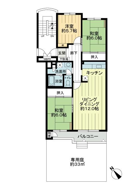 Floor plan. 3LDK, Price 9.8 million yen, Occupied area 77.11 sq m , Balcony area 7 sq m