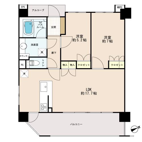 Floor plan. 2LDK, Price 25 million yen, Occupied area 61.77 sq m , Is a mansion that incorporates the balcony area 13.54 sq m universal design