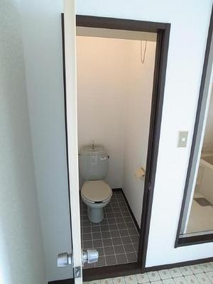 Toilet. Tile-style floor is stylish toilet