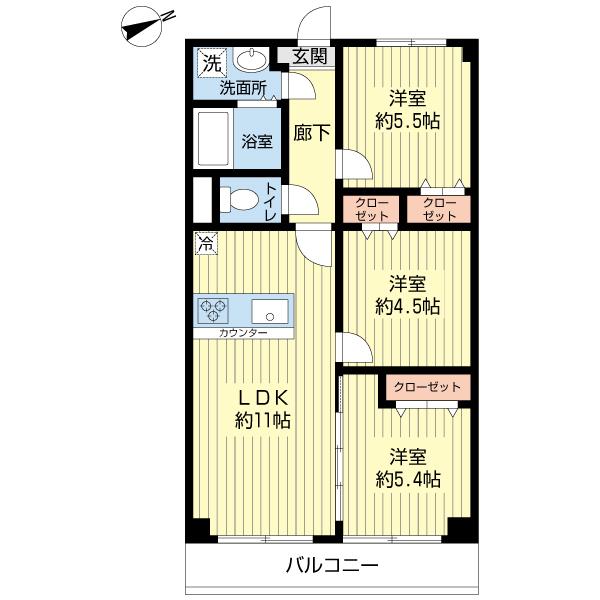 Floor plan. 3LDK, Price 19,880,000 yen, Occupied area 61.82 sq m , Balcony area 7.33 sq m All rooms are Western-style. Already the new renovation