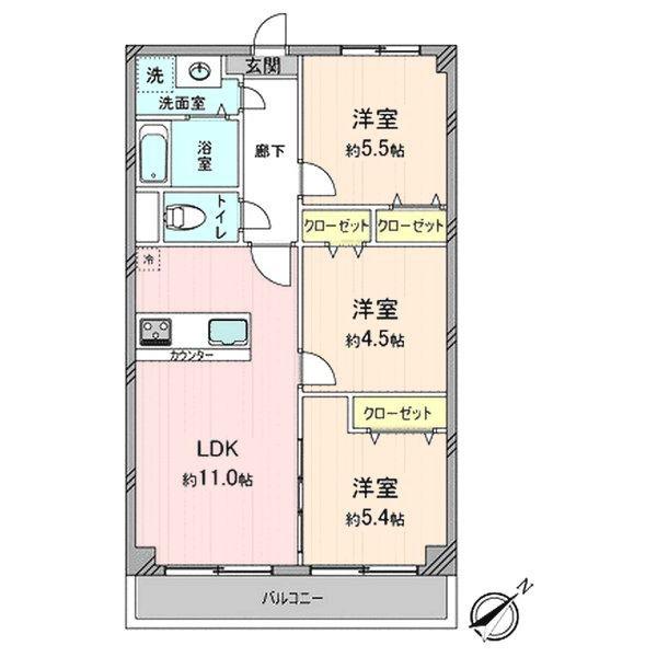 Floor plan. 3LDK, Price 19,880,000 yen, Occupied area 61.82 sq m , Balcony area 7.33 sq m floor plan