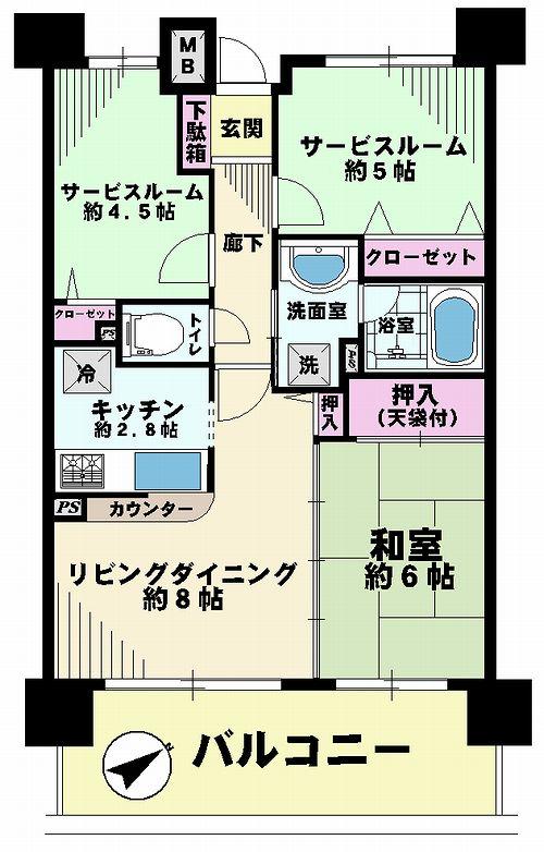 Floor plan. 1LDK + 2S (storeroom), Price 25,800,000 yen, Occupied area 57.37 sq m , Balcony area 12.8 sq m