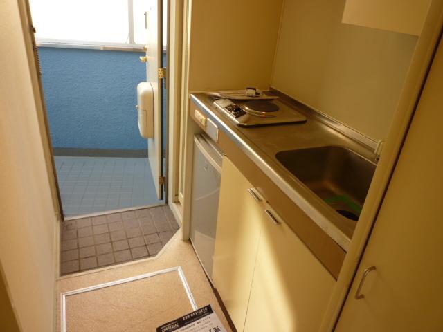 Kitchen. The kitchen is an electric stove. With mini fridge