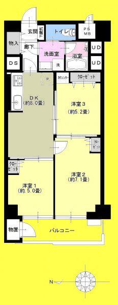 Floor plan. 3DK, Price 16,900,000 yen, Occupied area 60.64 sq m , Balcony area 6.42 sq m floor plan