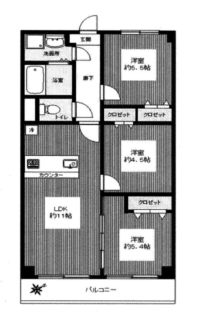 Floor plan. 3LDK, Price 19,880,000 yen, Occupied area 61.82 sq m , Balcony area 7.33 sq m