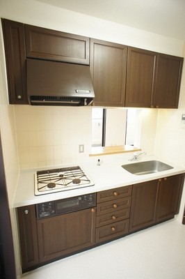 Kitchen. 3-neck gas stove, System kitchen. On the left side there is also a balcony or