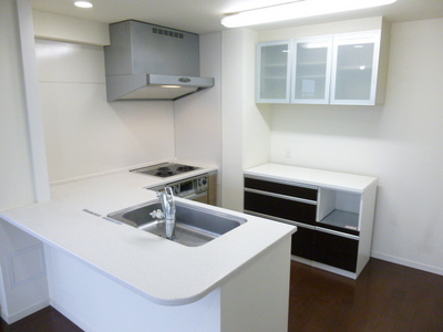 Kitchen. L-shaped open kitchen counter of. I'm happy with the cupboard.