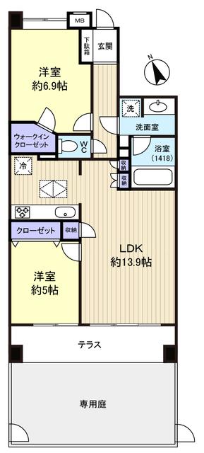 Floor plan. 2LDK, Price 19.5 million yen, Occupied area 60.53 sq m Master Bedroom is spacious 6.9 Pledge