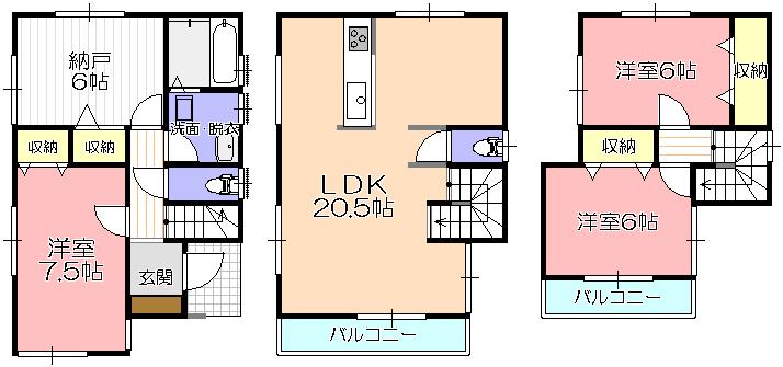 Floor plan. (Building 2), Price 42,800,000 yen, 3LDK+S, Land area 94.84 sq m , Building area 105.98 sq m
