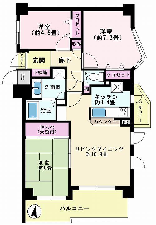 Floor plan. 3LDK, Price 8.9 million yen, Occupied area 73.04 sq m , Balcony area 10.06 sq m
