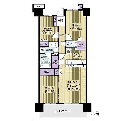 Floor plan. 3LDK, Price 29,800,000 yen, Occupied area 75.26 sq m , Balcony area 12.6 sq m 17 floor! Paste All rooms flooring! Storage is abundant