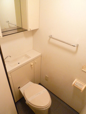 Toilet. There glad storage rack.